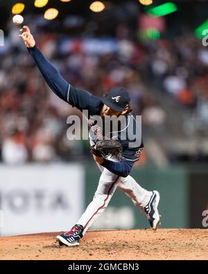 Atlanta Braves starting pitcher Ian Anderson delivers a pitch during a ...