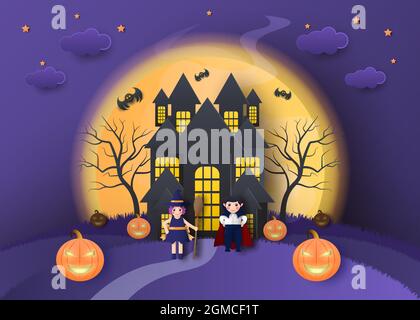 halloween paper cut style theme with castle, vampire, and witch illustration editable eps cc Stock Vector