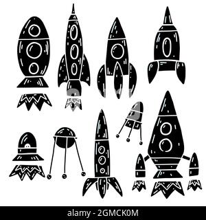 Set of black print with contour space ships and ufo. Outline technological ships. Vector childish silhouette of space shuttles and satellites isolated Stock Vector