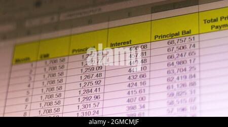 Shot of an excel sheet on computer screen showing bank loan amortization table. Stock Photo