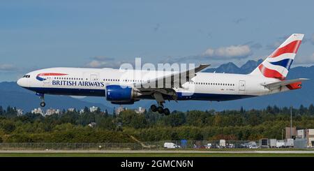 Richmond, British Columbia, Canada. 16th Sep, 2021. A British Airways Boeing 777-200ER jet (G-YMMJ) lands at Vancouver International Airport. (Credit Image: © Bayne Stanley/ZUMA Press Wire) Stock Photo