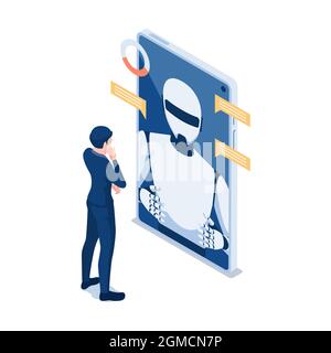 Flat 3d Isometric Businessman Talking with Chat Bot in Smartphone. Chatbot Online Customer Support or Artificial Intelligence Robot Assistant Concept. Stock Vector
