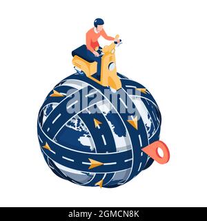 Flat 3d Isometric Man Ride Motorcycle on The Road Circled Around The World with Gps Pin. Gps Map Navigation Concept. Stock Vector