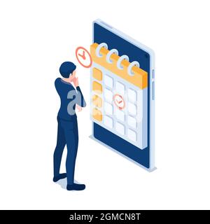 Flat 3d Isometric Businessman Checking Business Appointments in Calendar Application on Smartphone. Business Appointments Concept. Stock Vector