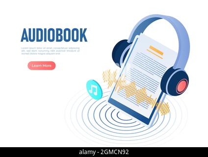 3d Isometric Web Banner Headphone Over Digital Tablet with Digital Audio Book Sound Wave on Monitor. Audiobooks concept. Stock Vector
