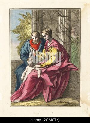The Virgin Mary and Joseph holding the infant Jesus. The Holy Family sitting on a terrace in front of fluted pillars. A statue of a veiled female figure in a niche behind them. Handcoloured copperplate engraving by George Bickham the Younger after Sir Godfrey Kneller from Robert Sayer’s The Artist’s Vade Mecum, Being the Whole Art of Drawing, London, 1766. Stock Photo