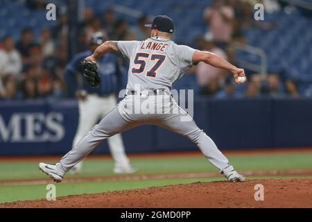 St. Petersburg, FL. USA;  Detroit Tigers starting pitcher Alex Lange (57) delivers a pitch during a major league baseball game against the Tampa Bay R Stock Photo