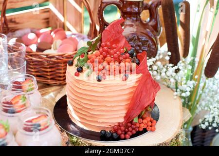 Autumn cake. Orange cake decorated with rowan berries, currants and rose hips. Fragment of a sweet table in a rustic style Stock Photo