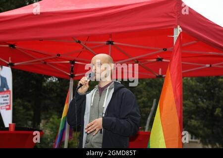 Marko Schmidt bei einer wahlkampfveranstaltung unter dem Motto: 'Jetzt soziale Gerechtigkeit wählen' im Stadtpark. Görlitz, 17.09.2021 Stock Photo