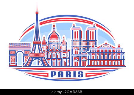 Vector illustration of Paris, horizontal poster with linear design famous paris city scape on day sky background, historic urban line art concept with Stock Vector