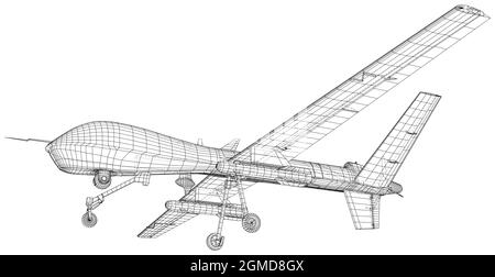 Military Predator Drone. Wire-frame Outline Drawing Aircraft. Vector created of 3d. Stock Vector