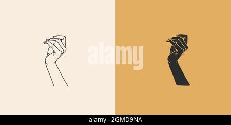 Hand drawn vector abstract stock flat graphic illustration with minimal logo element collection set,occult mystery witch hands touch line drawing and Stock Vector