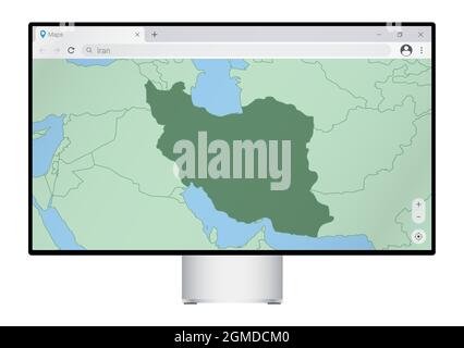 Computer monitor with map of Iran in browser, search for the country of Iran on the web mapping program. Vector template. Stock Vector