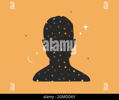 Hand drawn vector abstract stock flat graphic illustration with logo element,bohemian astrology magic art of galaxy space,crescent moon,stars,sun and Stock Vector