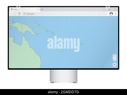 Computer monitor with map of Vanuatu in browser, search for the country of Vanuatu on the web mapping program. Vector template. Stock Vector