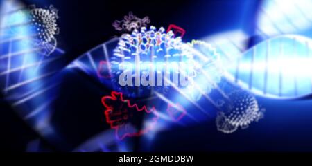 Abstract virus molecule background illustration. Spiral DNA and bacteria. Type of virus under the microscope. Coronavirus pandemic. Quarantine. Attent Stock Photo