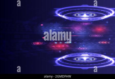 Portal and hologram science futuristic. Sci-fi digital hi-tech in glowing HUD projector. Circle teleport podium and stage for reporter. GUI and UI vir Stock Vector