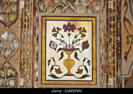 glass work wall at Amer Fort (Amber Fort) Jaipur,rajasthan,india Stock Photo