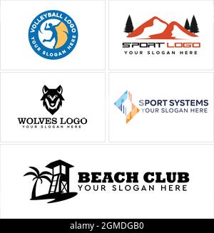 a set of sport Volleyball mountain wolf beach logo design Stock Vector