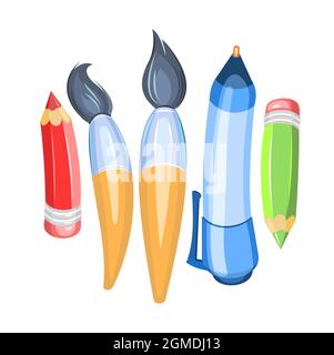 Stationery assortment. Brushes and pencils. Isolated on white background. Cartoon funny style. Symbolic object. Childrens design. Vector. Stock Vector