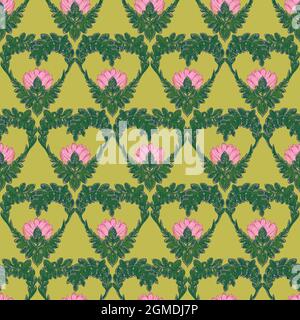 Pink Hand Drawn Stylized Lotus Flower Seamless Pattern. Bohemian Style Pencil Drawing Design Element Stock Photo