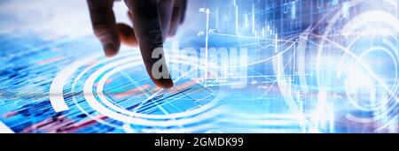 Business concept. Information technology and data processing. Hands over the screen graphic data. A modern software product in business. Stock Photo