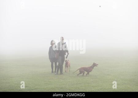 UK, Weather.  18th September 2021. Misty start to the day for people out exercising  their dogs in Abington Park, Northampton. Credit: Keith J Smith./Alamy Live News. Stock Photo