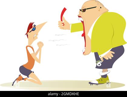 Shouting referee holds a red card and player illustration. Angry referee shows a red card tо the player staying on the knee isolated on white Stock Vector