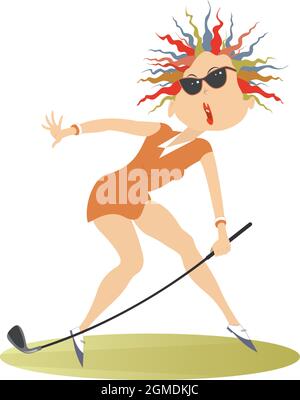 Cartoon golfer woman on the golf course illustration. Funny golfer woman in sunglasses with a golf club tries to do a good kick isolated on white Stock Vector