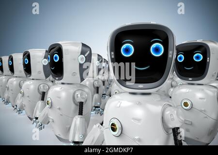 Leadership concept with 3d rendering assistant robot standing in a row Stock Photo