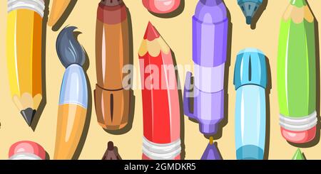 Stationery background illustration. Seamless horizontal pattern. Pencils and ballpoint and gel pens. Scattered in disarray. Clouse up. Cartoon design Stock Vector