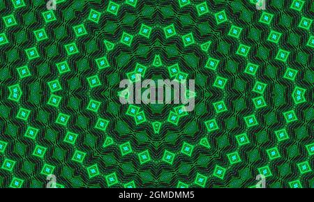 A dark background with a glowing green ornament in the shape of a stylized flower. Kaleidoscope pattern for design Stock Photo