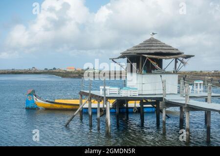 Small bar on stilts in the Salt pans of Aveiro, Portugal. Stock Photo