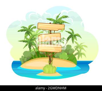 Wooden sign on Island in the ocean. Three meanings. Cartoon style. Blue calm sea. Jungle palm trees. Flat design illustration. Isolated on white Stock Vector
