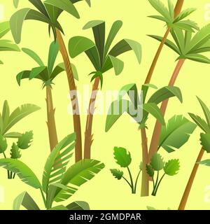 tropical background with jungle leaves. Thickets with palms in cartoon style. Seamless jungle pattern. Landscape with rainforest vector. Stock Vector