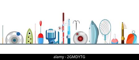 Fishing accessories. A variety of items complete set. Isolated on white background. Bottom border. Vector. Stock Vector