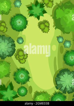 Hilly lawn in the forest. View from above. Countryside rural landscape. Green foliage of trees and shrubs. Top view. Background illustration in cartoo Stock Vector
