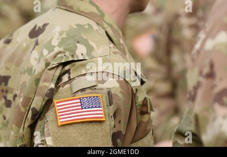 US soldiers. US army. USA patch flag on the US military uniform