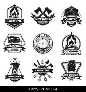 Travel badges, outdoor activity logo collection. Scout camps emblems.  Vintage hand drawn travel badge design. Stock illustration, insignias,  rustic patches. Isolated on white background Stock Photo - Alamy