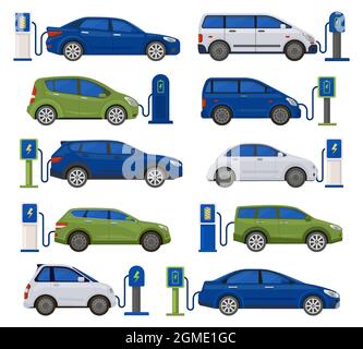 Electric cars, ecology, sustainability vehicle charging. Environmentally friendly automobiles at charging stations vector illustration set. Electro Stock Vector