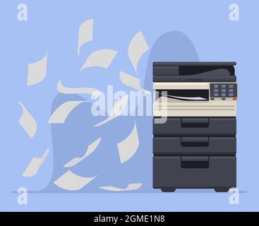 Office professional copier or printer printing documents. Printer office work multifunction printing machine vector illustration. Printer machine Stock Vector