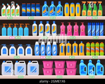 Household supplies, chemical detergent bottles on supermarket shelves. Detergents, cleaning powder, antibacterial soap vector Illustration. Shelves Stock Vector