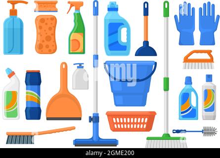 Household supplies, cleaning services tools and detergent bottles. Cleaning supplies, detergents, brush, bucket and mop vector Illustration set. House Stock Vector