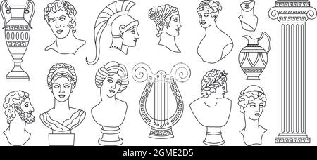 Antique ancient greece heads, sculptures, architectural elements. Greek marble statues, vases, goddess bust vector illustration set. Mythical antique Stock Vector
