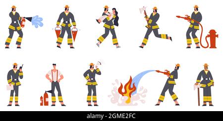 Firefighter characters emergency service watering fire and save people. Firefighting emergency situations vector illustration set. Firefighters in Stock Vector