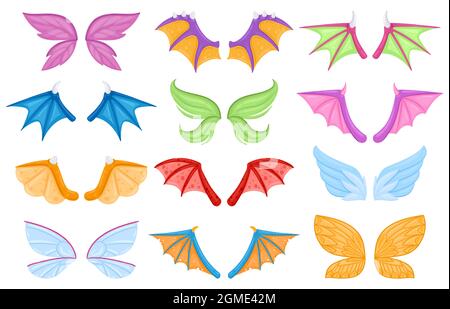 Cartoon dragon fairy tail dragon fairy birds creatures wings. Magical legends animals or creatures flying wing vector illustration set. Fantasy Stock Vector