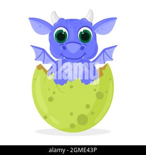 Cartoon fairy tale fantasy cute newborn baby dragon. Cute dragon baby hatches from egg isolated vector illustration. Funny fantasy dragon child Stock Vector