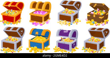 Cartoon pirate old chests full of gold treasures. Wooden pirate trunk with golden treasures and gemstones vector illustration set. Pirate chest Stock Vector