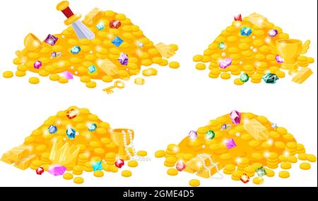 Cartoon pirates treasure, gold coins, gems, crown, sword, jewels. Pirate treasure gold piles, crown, crystal gemstones vector illustration set Stock Vector