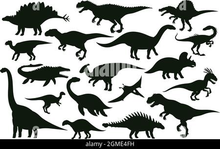 Cartoon dinosaurs, jurassic extinct dino raptors silhouettes. Jurassic extinct reptiles, ancient raptor monsters vector illustration set. Dinosaurs Stock Vector